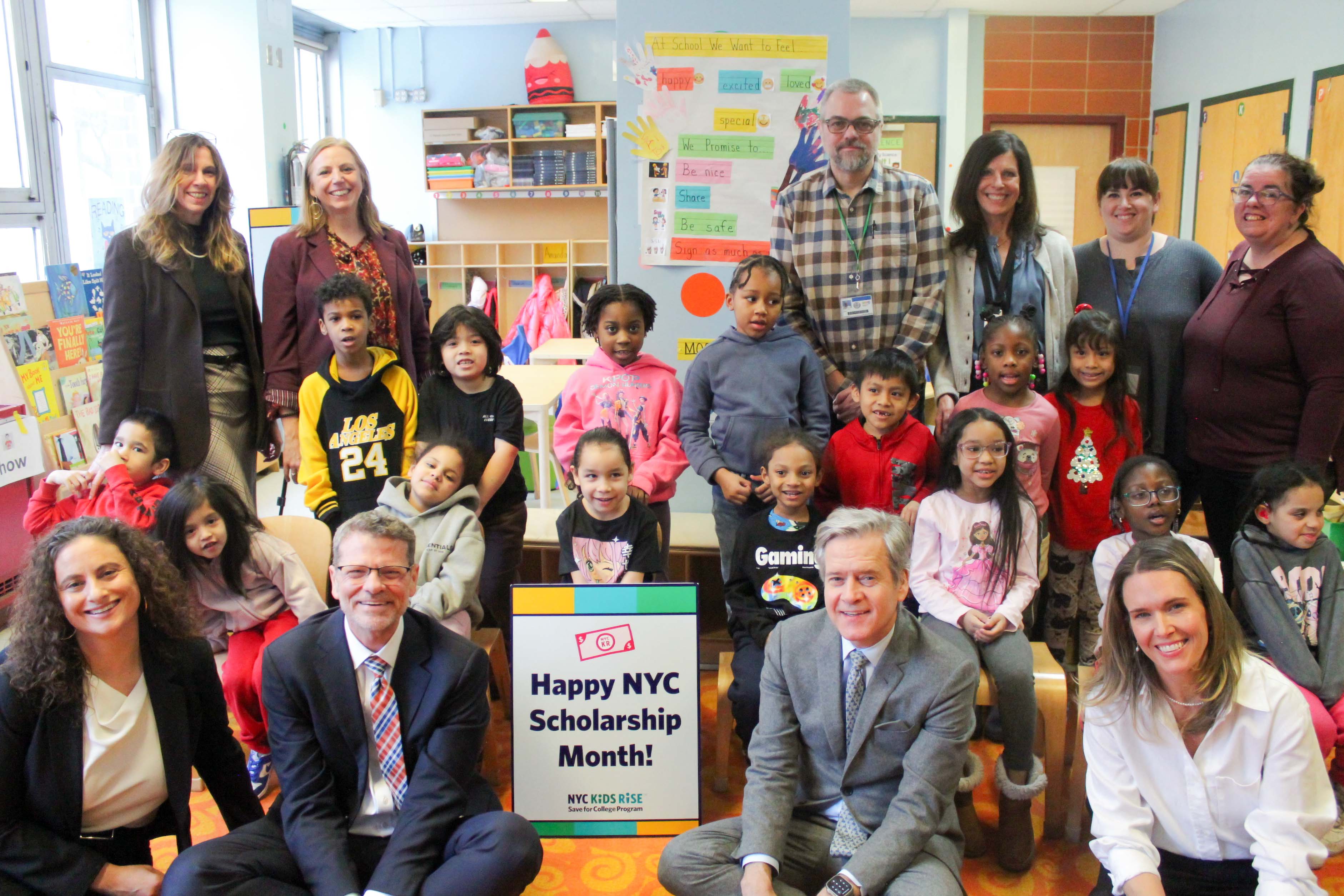 P.S. 347 American Sign Language & English Lower School Principal Pam Pritzker-Ridley, Assistant Principal Alayna Foy, teachers Mary Anne Fiorillo, Eileen Lograno, Samantha Schaffer, and Jason Norman and Kindergarten and First Graders celebrate NYC Scholarship Month with Community School District 2 Superintendent Kelly McGuire, Manhattan Borough President Brad Hoylman-Sigal, NYC Kids RISE Founding Executive Director Debra-Ellen Glickstein, and NYC Kids RISE Managing Director, School Networks Courtney Winkfield. Photo by Lotoya Francis for NYC Kids RISE (January 28, 2026).