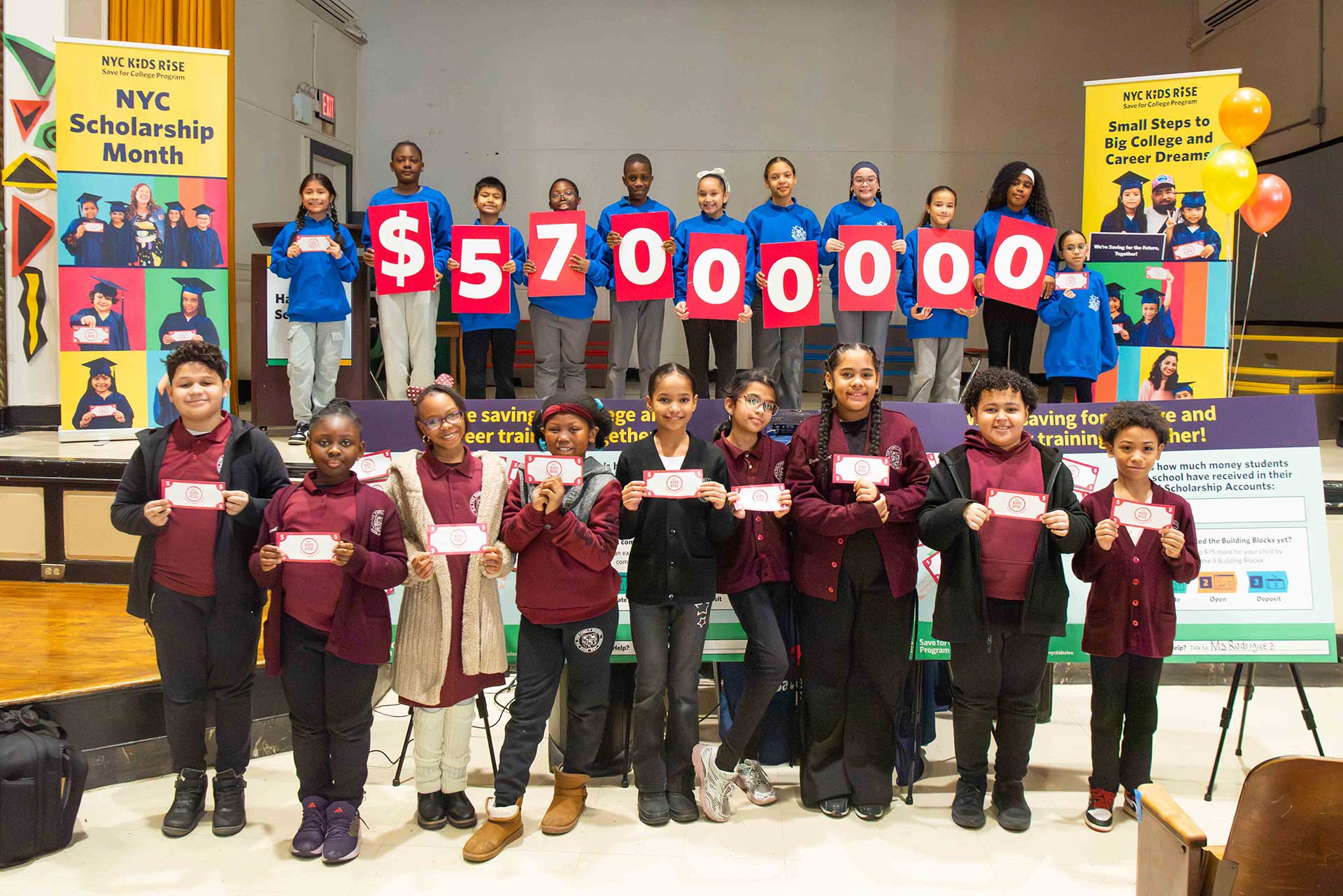 Bronx students from The Sheridan School for Young Leaders and The Family School celebrate that $57 million has been accumulated for future college and career training through the NYC Kids RISE Save for College Program across the NYC Scholarship Accounts of nearly every NYC public school student in kindergarten through fourth grade citywide. Photo by Bridget Ye for NYC Kids RISE (January 29, 2026).